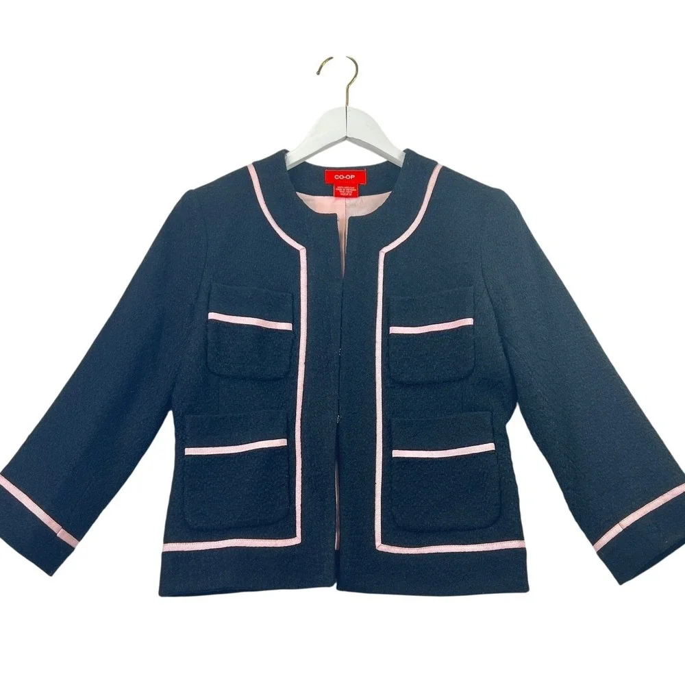CO-OP Cropped Jacket Womens Tweed Textured Ribbon Trim Black Pink Chic Size M‎